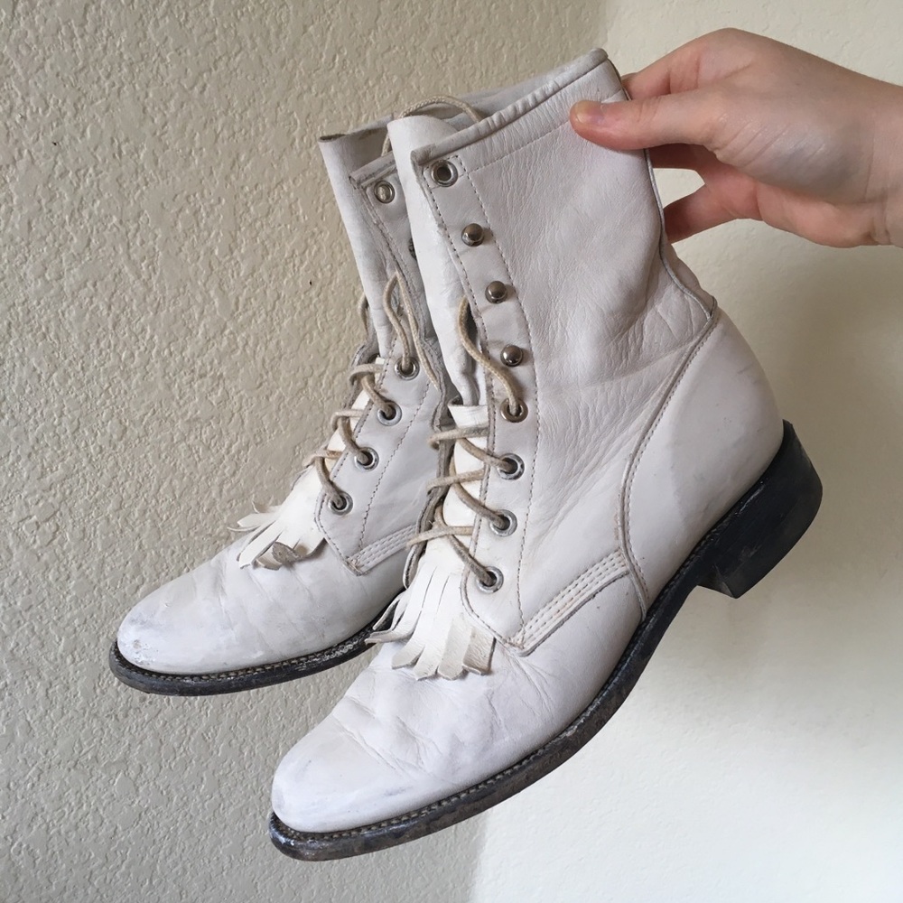 Justin Lace Up Roper White Boots